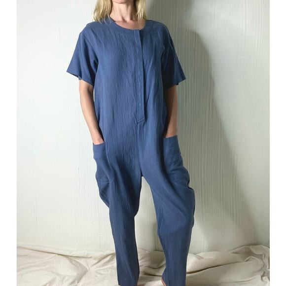7115 BY SZEKI Mechanic Blue Linen Gauze Short Sleeve Jumpsuit US SMALL - Picture 2 of 11